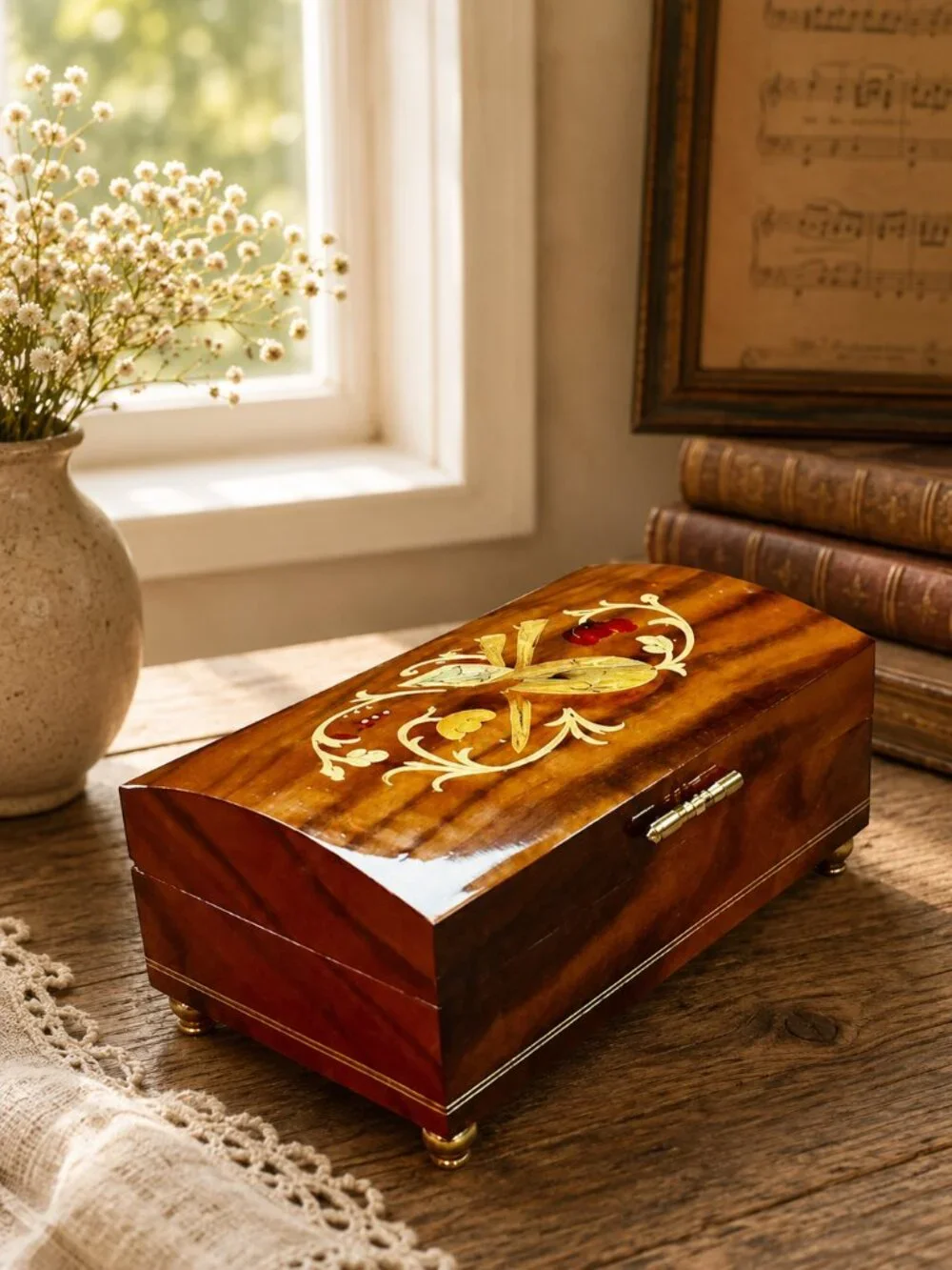 Vintage Italian Inlay Musical Jewelry Box – Burl Walnut